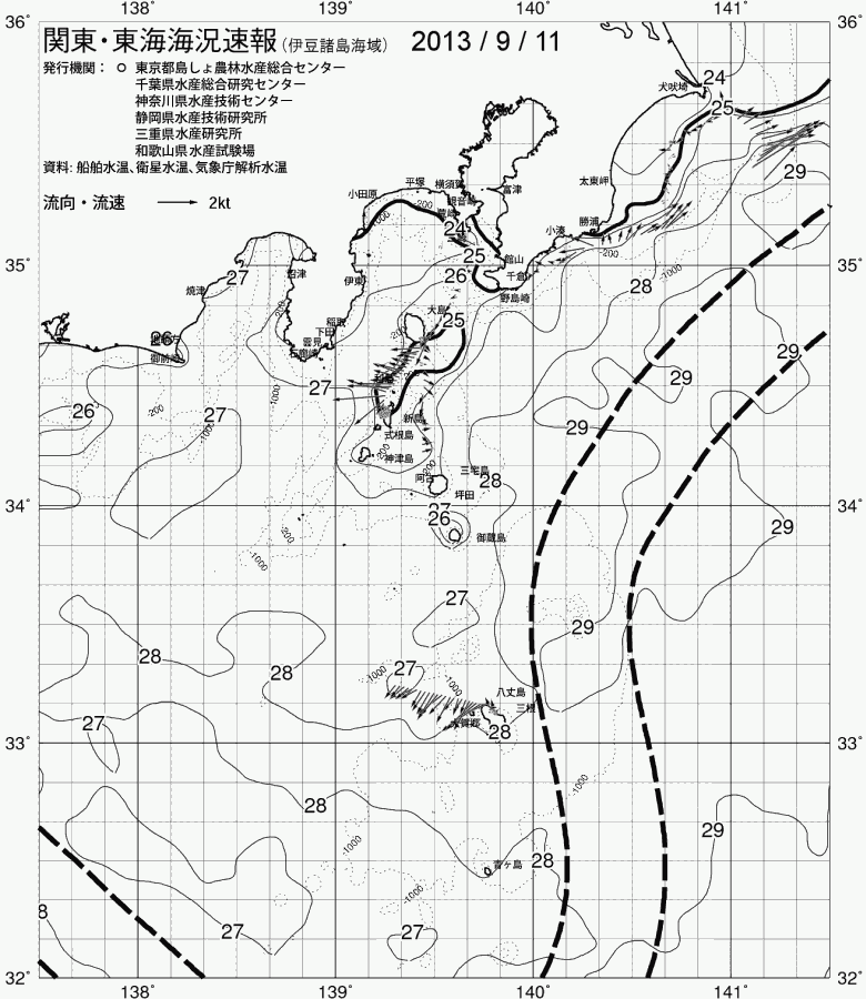 海況図, 関東・東海海況速報/伊豆諸島海域 検索結果, (黒潮, 水温分布, 冷水域, 暖水波及 等を図示)