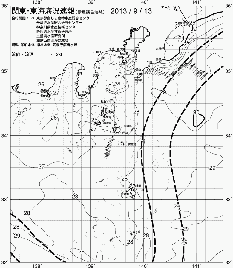 海況図, 関東・東海海況速報/伊豆諸島海域 検索結果, (黒潮, 水温分布, 冷水域, 暖水波及 等を図示)