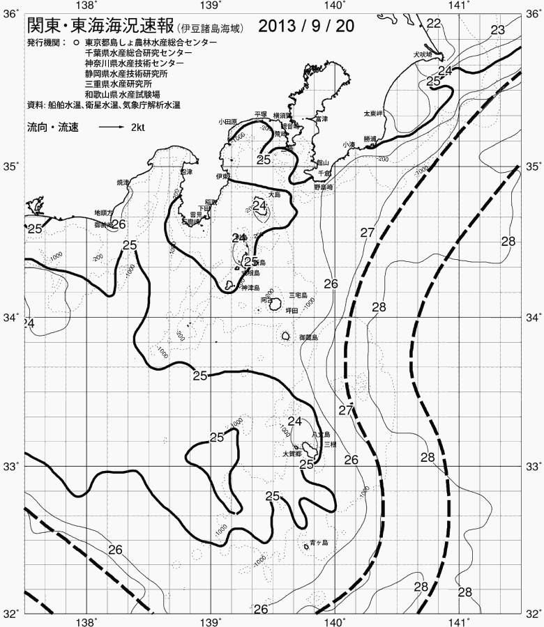 海況図, 関東・東海海況速報/伊豆諸島海域 検索結果, (黒潮, 水温分布, 冷水域, 暖水波及 等を図示)