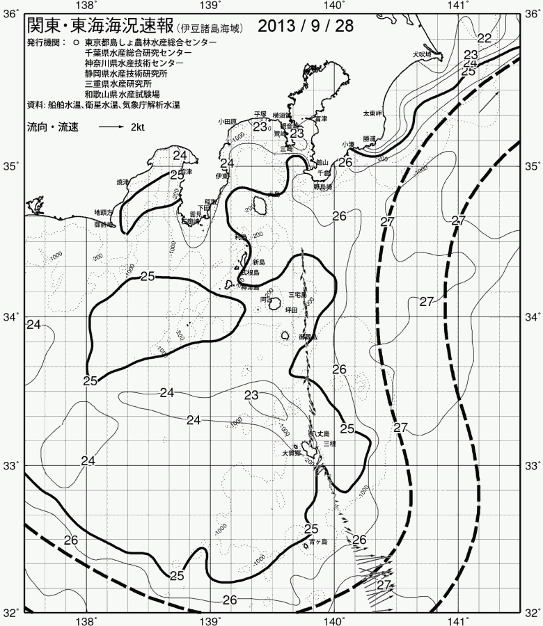 海況図, 関東・東海海況速報/伊豆諸島海域 検索結果, (黒潮, 水温分布, 冷水域, 暖水波及 等を図示)