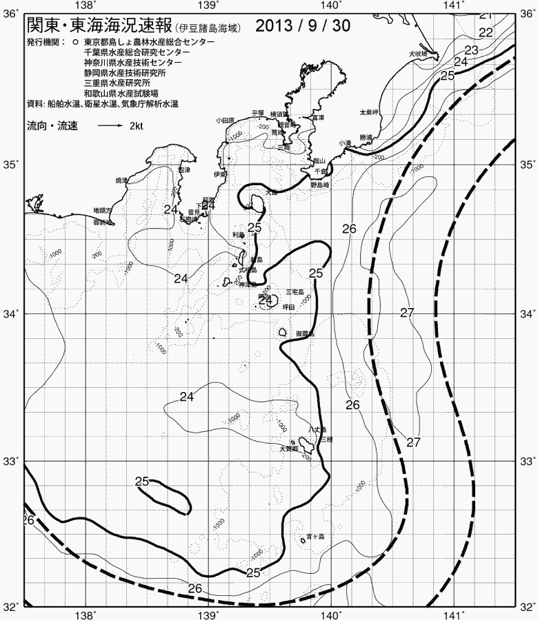 海況図, 関東・東海海況速報/伊豆諸島海域 検索結果, (黒潮, 水温分布, 冷水域, 暖水波及 等を図示)