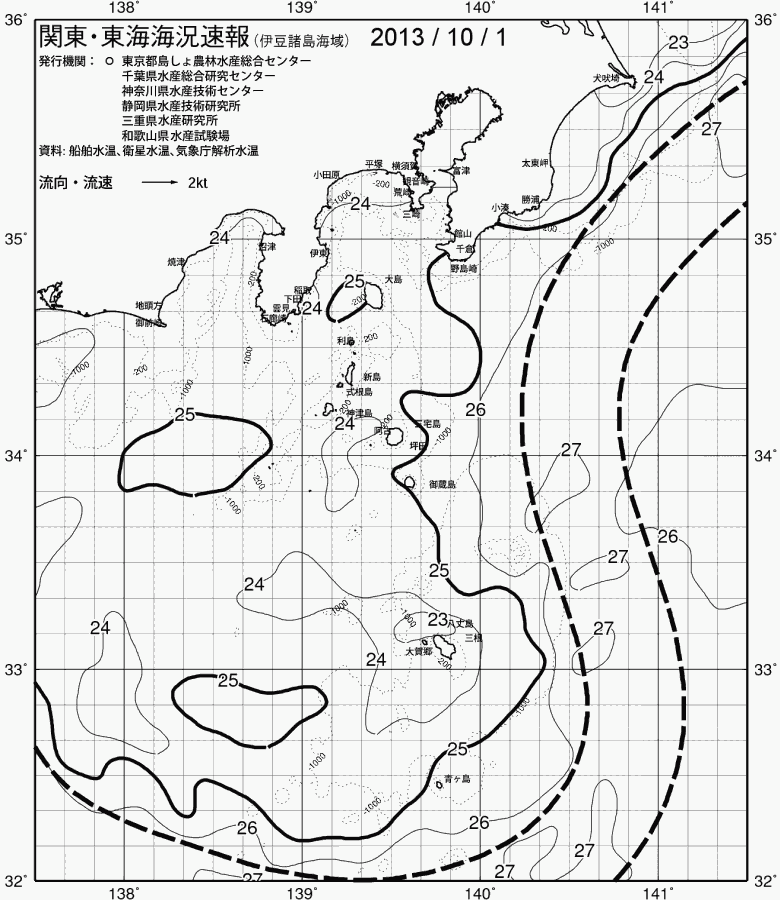 海況図, 関東・東海海況速報/伊豆諸島海域 検索結果, (黒潮, 水温分布, 冷水域, 暖水波及 等を図示)