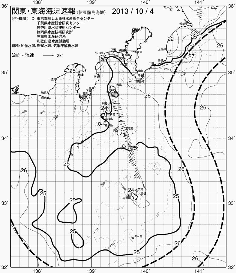 海況図, 関東・東海海況速報/伊豆諸島海域 検索結果, (黒潮, 水温分布, 冷水域, 暖水波及 等を図示)