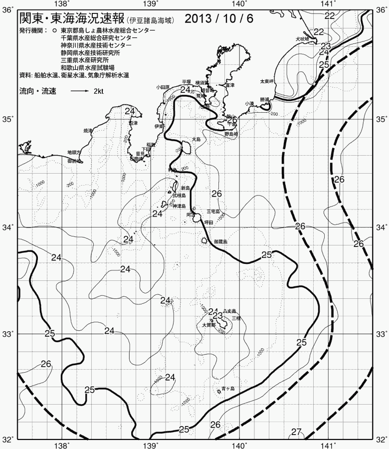 海況図, 関東・東海海況速報/伊豆諸島海域 検索結果, (黒潮, 水温分布, 冷水域, 暖水波及 等を図示)