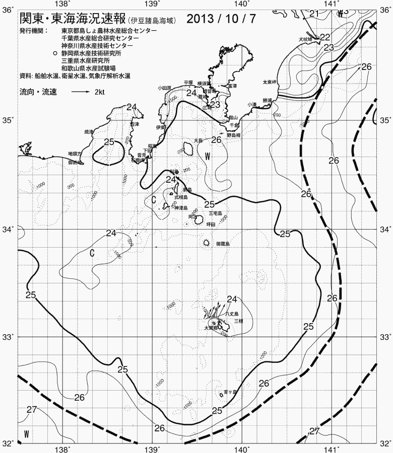 海況図, 関東・東海海況速報/伊豆諸島海域 検索結果, (黒潮, 水温分布, 冷水域, 暖水波及 等を図示)