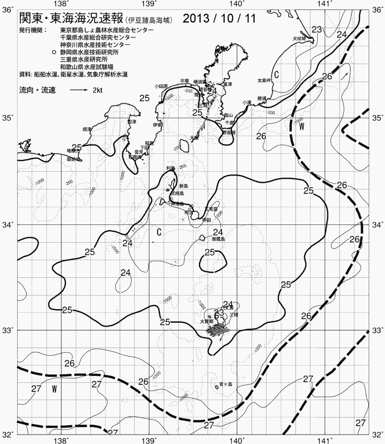 海況図, 関東・東海海況速報/伊豆諸島海域 検索結果, (黒潮, 水温分布, 冷水域, 暖水波及 等を図示)