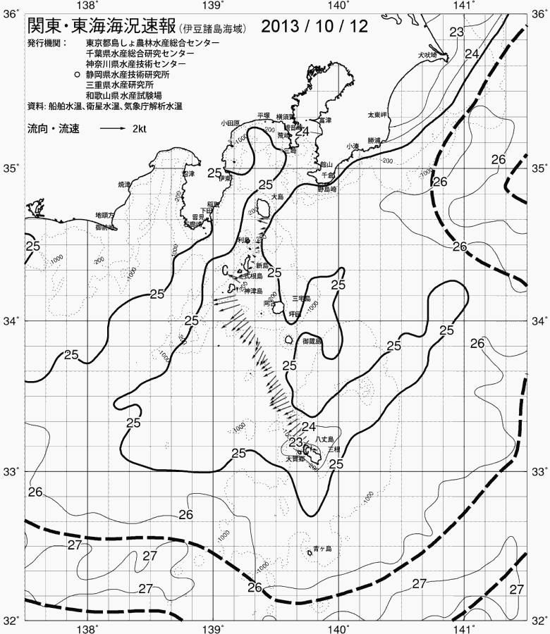 海況図, 関東・東海海況速報/伊豆諸島海域 検索結果, (黒潮, 水温分布, 冷水域, 暖水波及 等を図示)