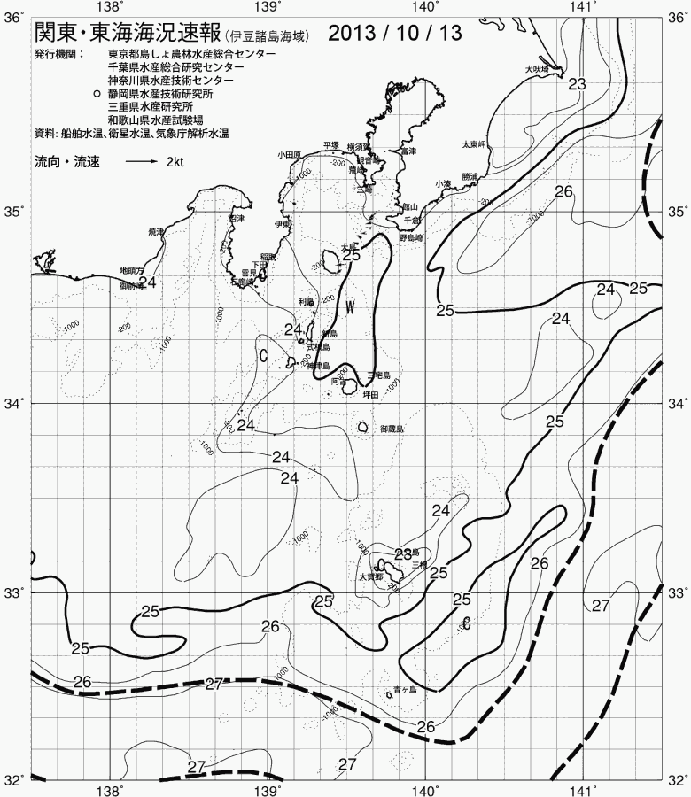 海況図, 関東・東海海況速報/伊豆諸島海域 検索結果, (黒潮, 水温分布, 冷水域, 暖水波及 等を図示)