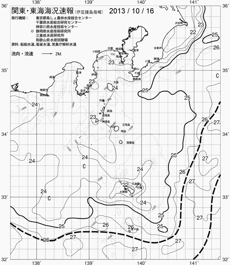 海況図, 関東・東海海況速報/伊豆諸島海域 検索結果, (黒潮, 水温分布, 冷水域, 暖水波及 等を図示)