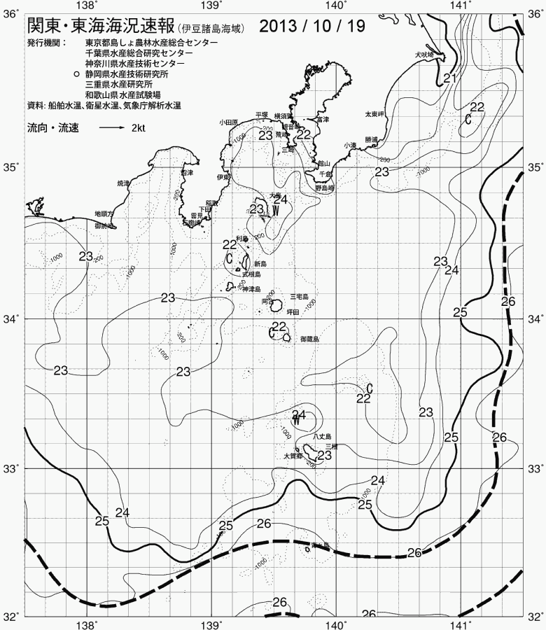 海況図, 関東・東海海況速報/伊豆諸島海域 検索結果, (黒潮, 水温分布, 冷水域, 暖水波及 等を図示)
