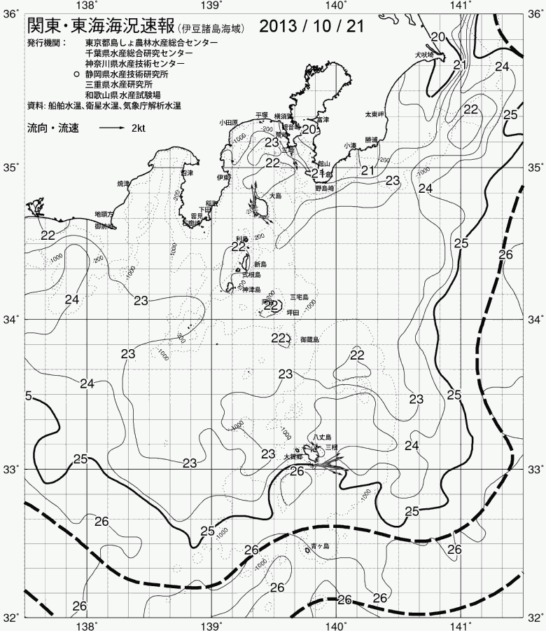 海況図, 関東・東海海況速報/伊豆諸島海域 検索結果, (黒潮, 水温分布, 冷水域, 暖水波及 等を図示)