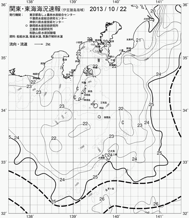 海況図, 関東・東海海況速報/伊豆諸島海域 検索結果, (黒潮, 水温分布, 冷水域, 暖水波及 等を図示)