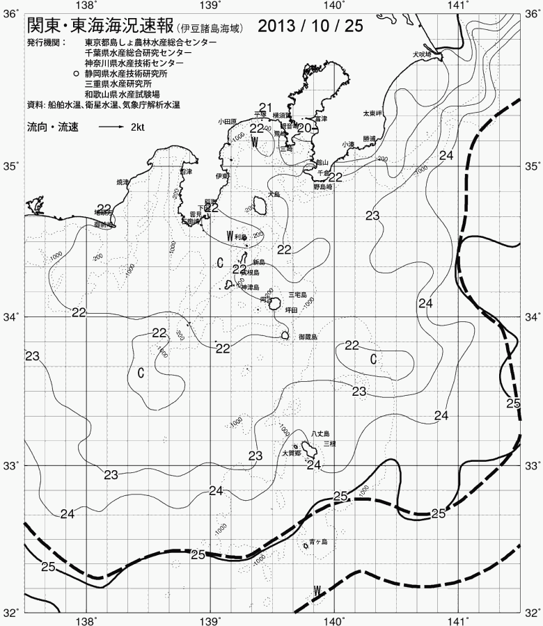 海況図, 関東・東海海況速報/伊豆諸島海域 検索結果, (黒潮, 水温分布, 冷水域, 暖水波及 等を図示)