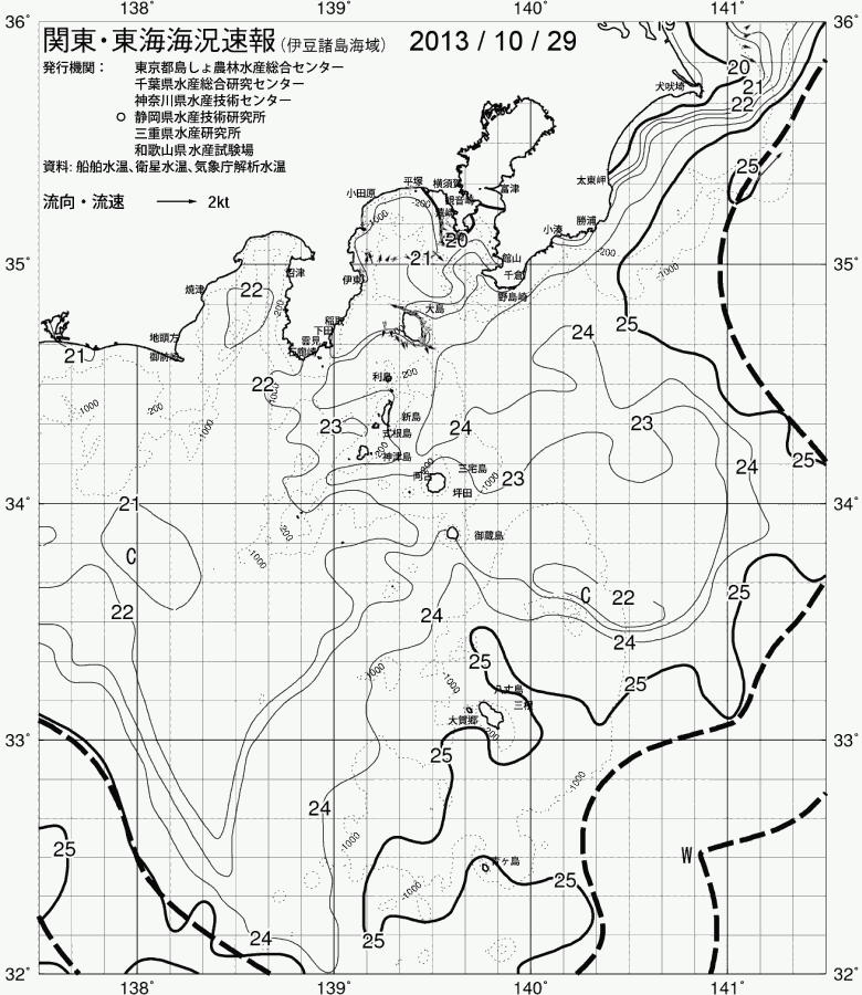 海況図, 関東・東海海況速報/伊豆諸島海域 検索結果, (黒潮, 水温分布, 冷水域, 暖水波及 等を図示)