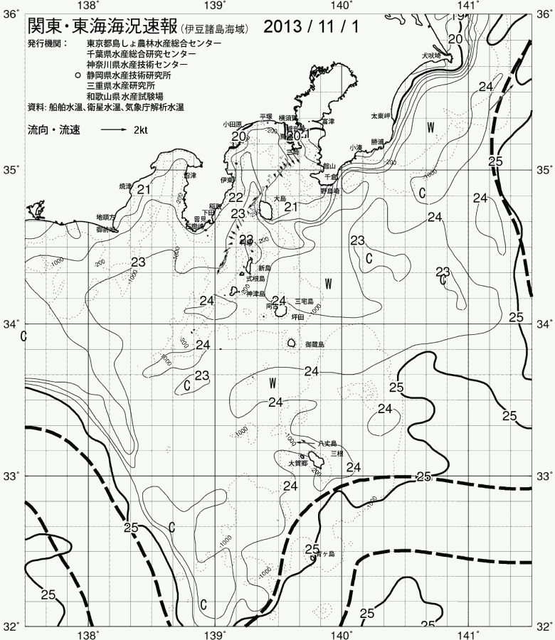 海況図, 関東・東海海況速報/伊豆諸島海域 検索結果, (黒潮, 水温分布, 冷水域, 暖水波及 等を図示)