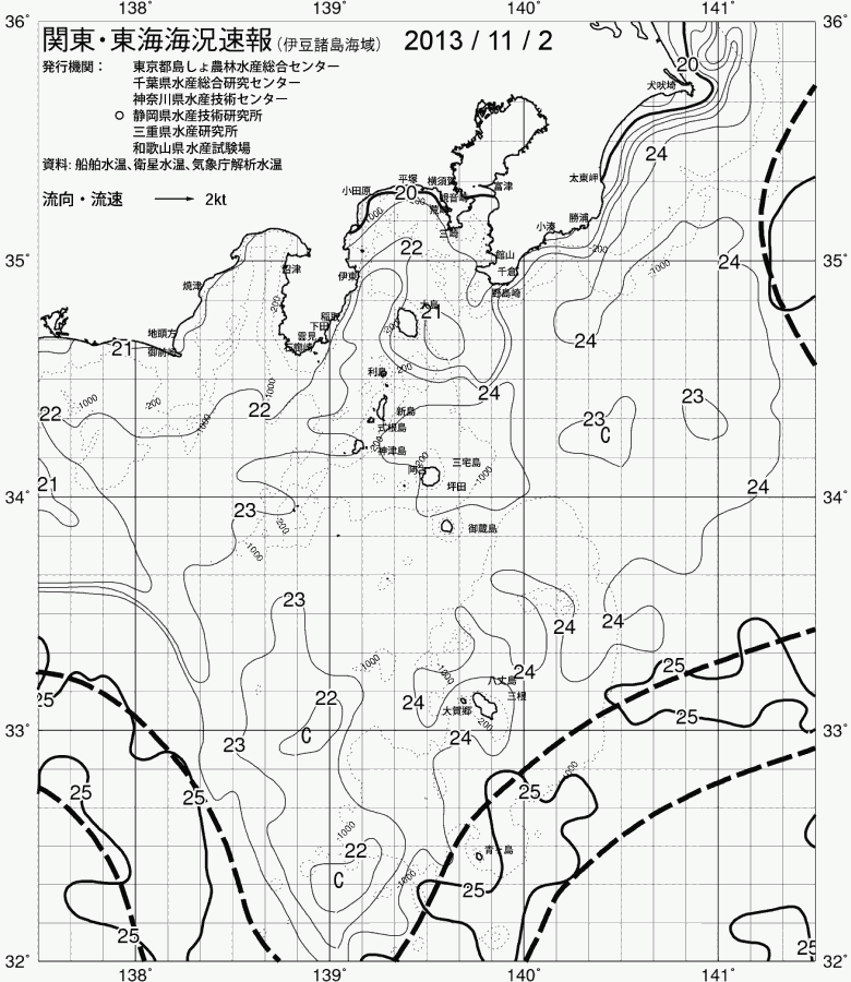 海況図, 関東・東海海況速報/伊豆諸島海域 検索結果, (黒潮, 水温分布, 冷水域, 暖水波及 等を図示)