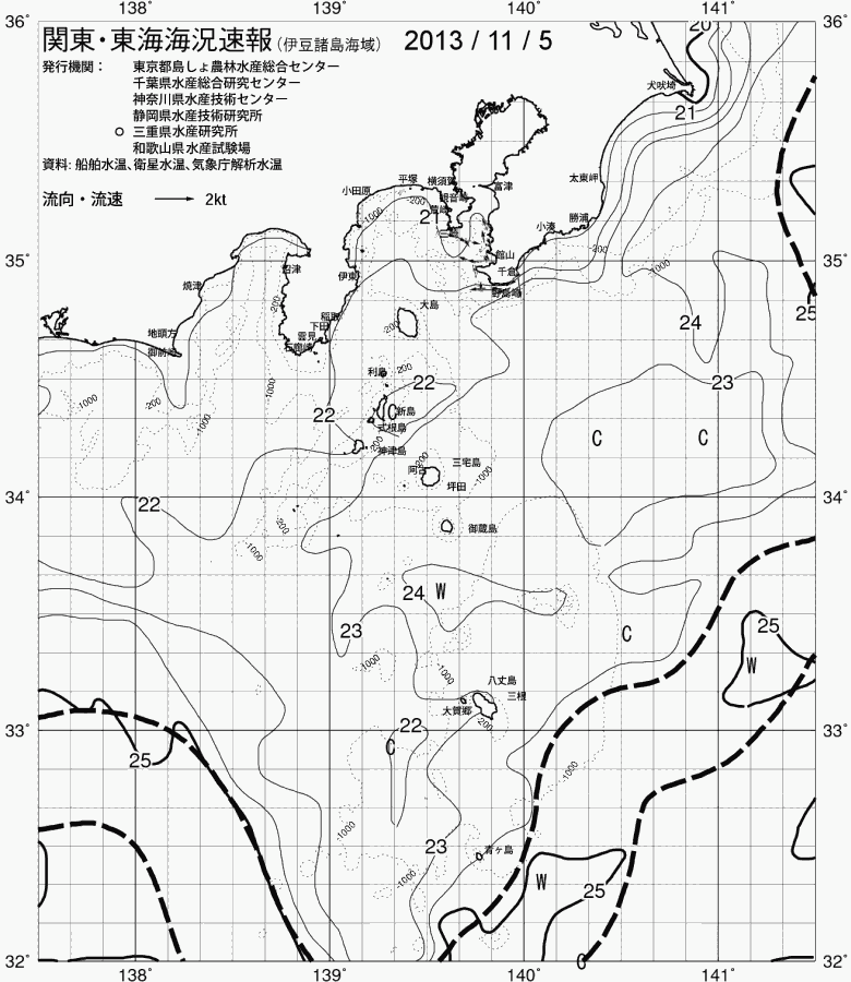 海況図, 関東・東海海況速報/伊豆諸島海域 検索結果, (黒潮, 水温分布, 冷水域, 暖水波及 等を図示)