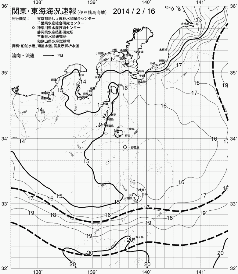 海況図, 関東・東海海況速報/伊豆諸島海域 検索結果, (黒潮, 水温分布, 冷水域, 暖水波及 等を図示)