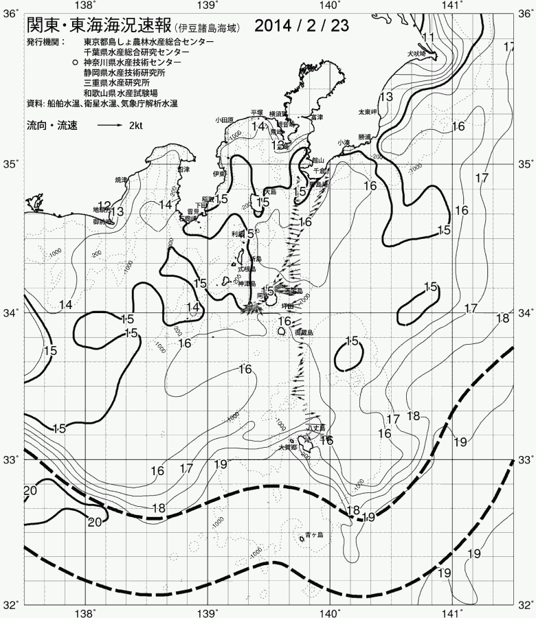 海況図, 関東・東海海況速報/伊豆諸島海域 検索結果, (黒潮, 水温分布, 冷水域, 暖水波及 等を図示)