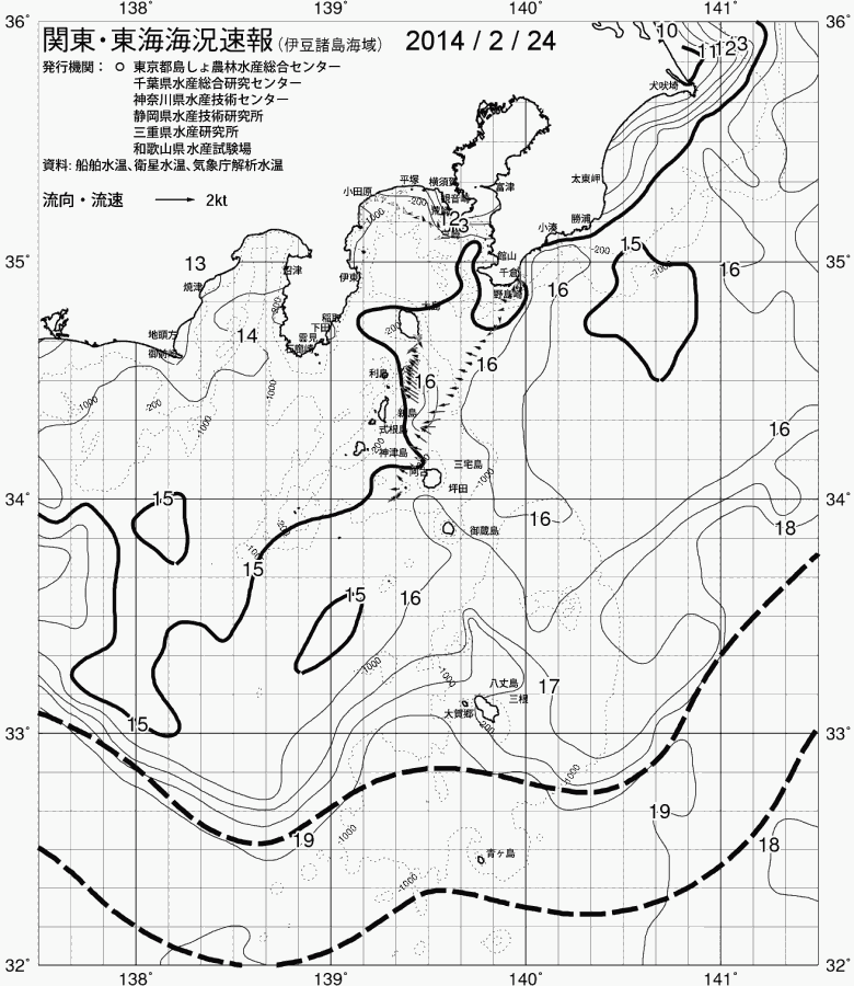 海況図, 関東・東海海況速報/伊豆諸島海域 検索結果, (黒潮, 水温分布, 冷水域, 暖水波及 等を図示)
