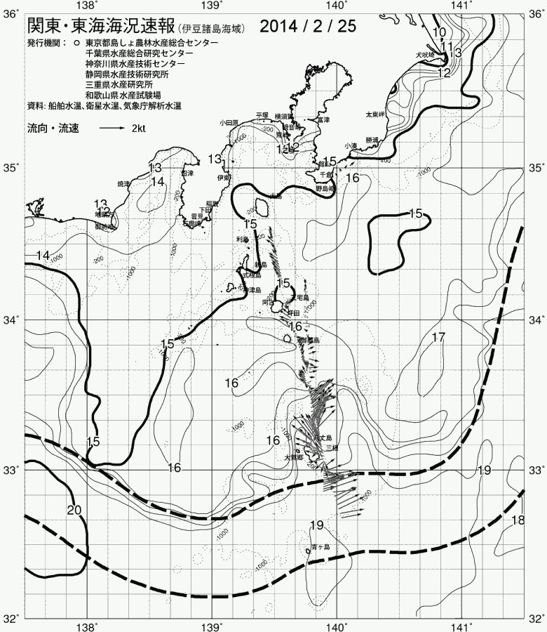 海況図, 関東・東海海況速報/伊豆諸島海域 検索結果, (黒潮, 水温分布, 冷水域, 暖水波及 等を図示)