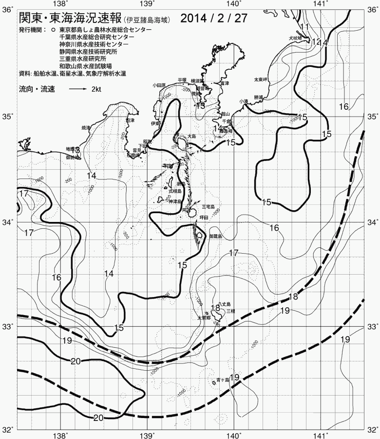 海況図, 関東・東海海況速報/伊豆諸島海域 検索結果, (黒潮, 水温分布, 冷水域, 暖水波及 等を図示)