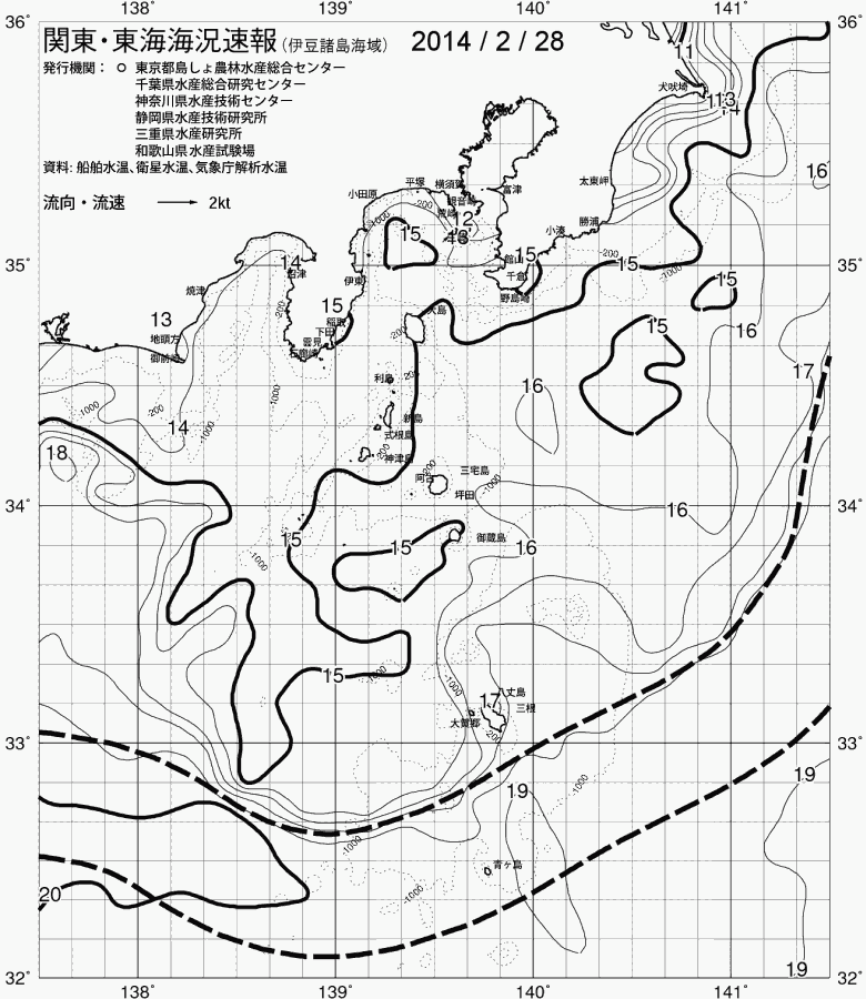 海況図, 関東・東海海況速報/伊豆諸島海域 検索結果, (黒潮, 水温分布, 冷水域, 暖水波及 等を図示)