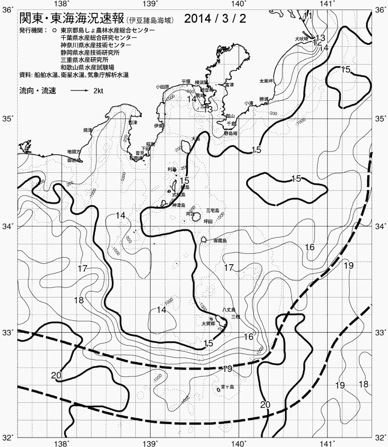海況図, 関東・東海海況速報/伊豆諸島海域 検索結果, (黒潮, 水温分布, 冷水域, 暖水波及 等を図示)