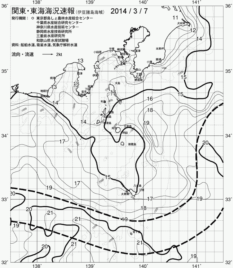 海況図, 関東・東海海況速報/伊豆諸島海域 検索結果, (黒潮, 水温分布, 冷水域, 暖水波及 等を図示)