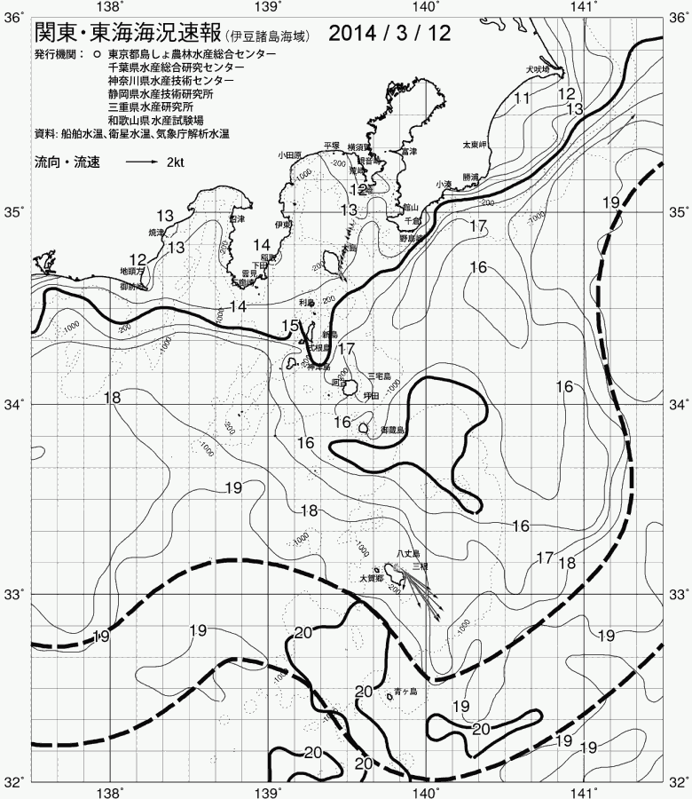 海況図, 関東・東海海況速報/伊豆諸島海域 検索結果, (黒潮, 水温分布, 冷水域, 暖水波及 等を図示)