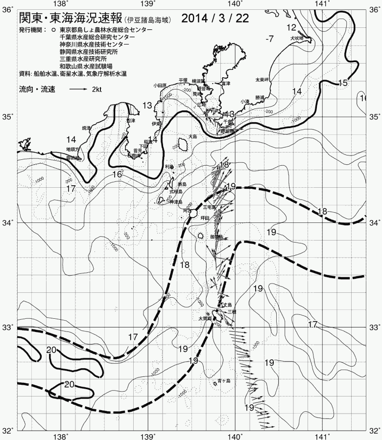 海況図, 関東・東海海況速報/伊豆諸島海域 検索結果, (黒潮, 水温分布, 冷水域, 暖水波及 等を図示)