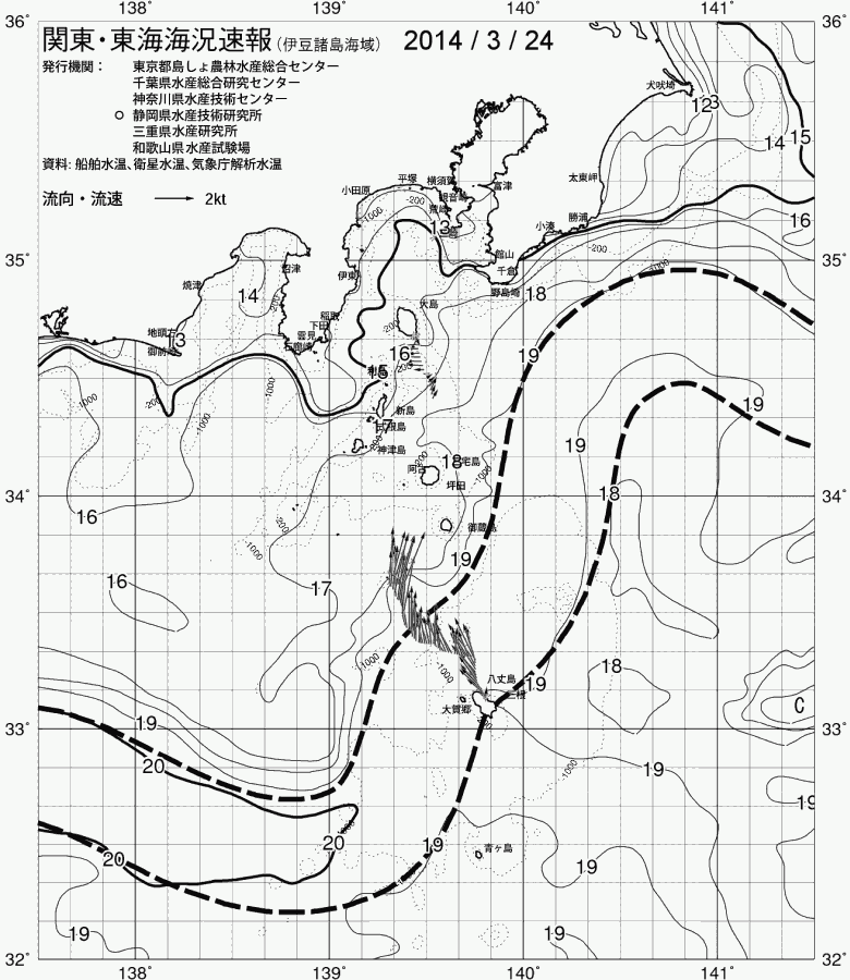 海況図, 関東・東海海況速報/伊豆諸島海域 検索結果, (黒潮, 水温分布, 冷水域, 暖水波及 等を図示)