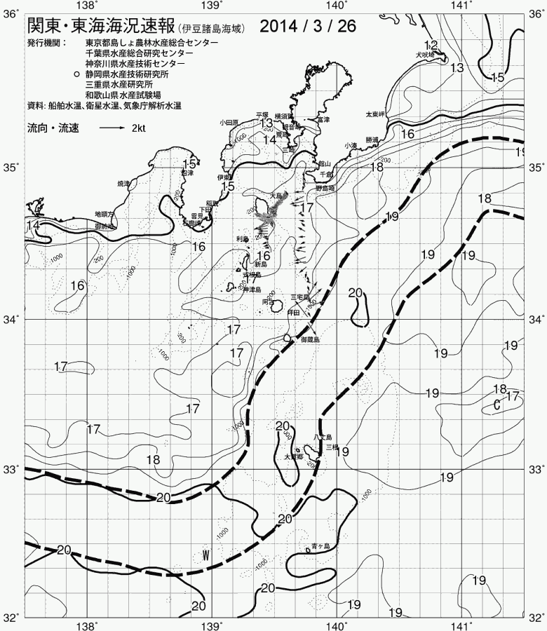 海況図, 関東・東海海況速報/伊豆諸島海域 検索結果, (黒潮, 水温分布, 冷水域, 暖水波及 等を図示)