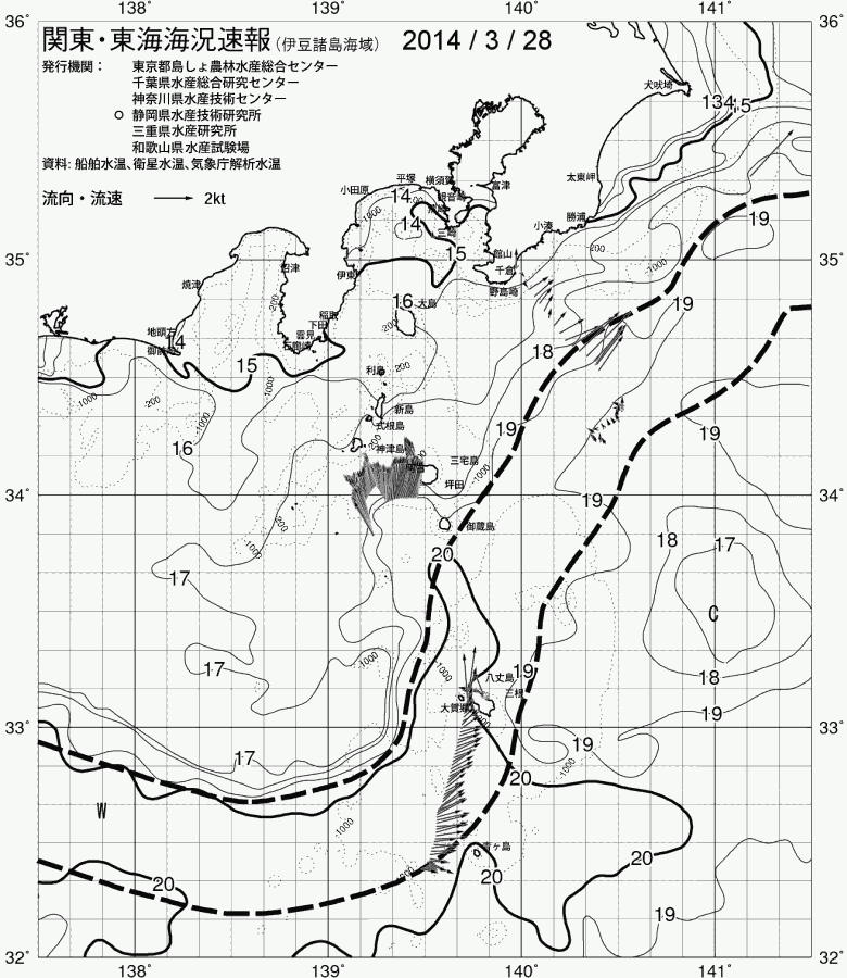 海況図, 関東・東海海況速報/伊豆諸島海域 検索結果, (黒潮, 水温分布, 冷水域, 暖水波及 等を図示)