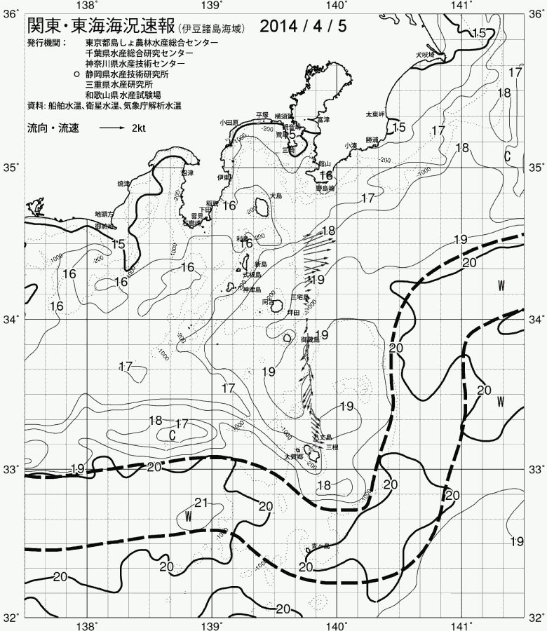 海況図, 関東・東海海況速報/伊豆諸島海域 検索結果, (黒潮, 水温分布, 冷水域, 暖水波及 等を図示)
