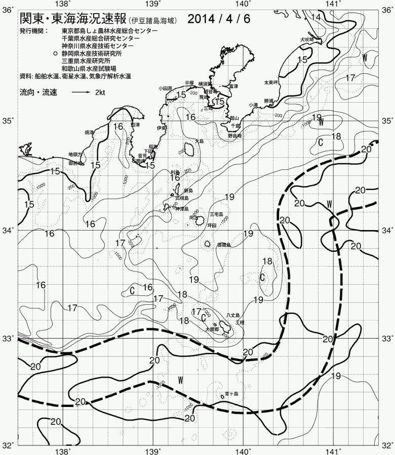 海況図, 関東・東海海況速報/伊豆諸島海域 検索結果, (黒潮, 水温分布, 冷水域, 暖水波及 等を図示)