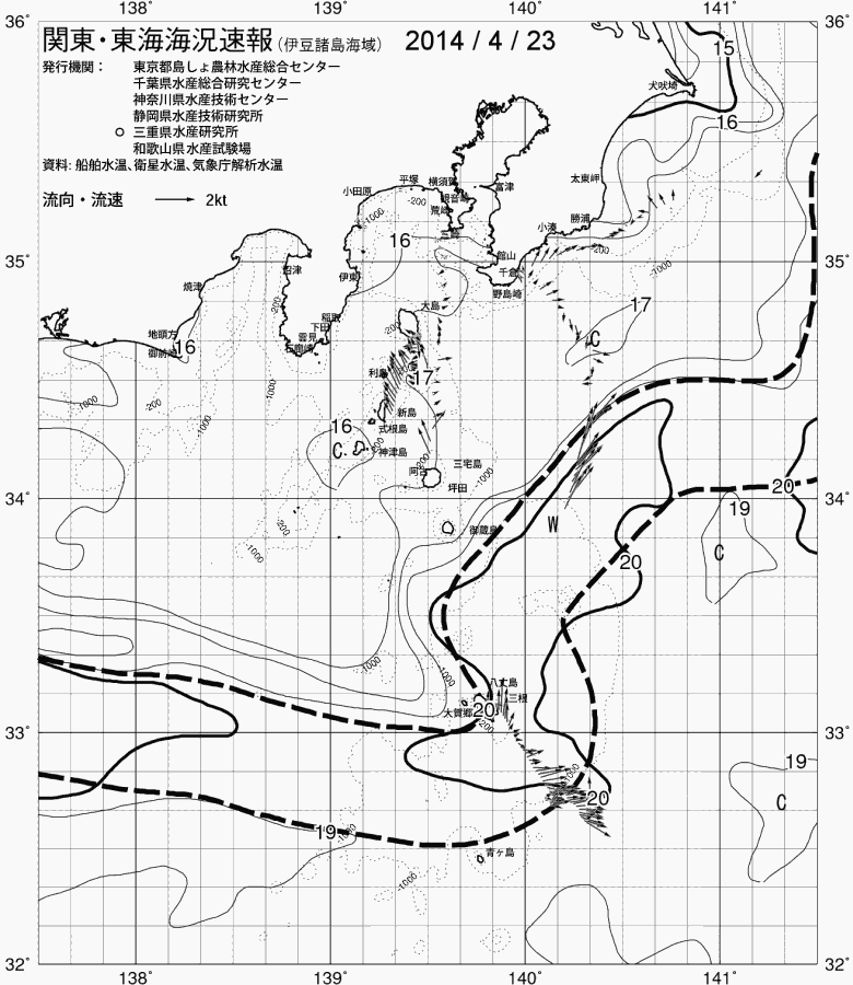 海況図, 関東・東海海況速報/伊豆諸島海域 検索結果, (黒潮, 水温分布, 冷水域, 暖水波及 等を図示)