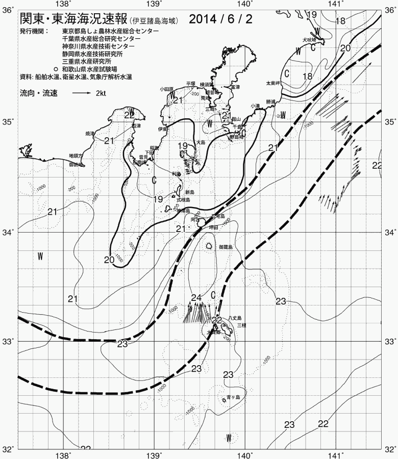 海況図, 関東・東海海況速報/伊豆諸島海域 検索結果, (黒潮, 水温分布, 冷水域, 暖水波及 等を図示)