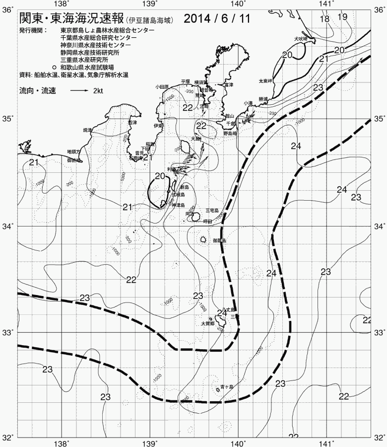 海況図, 関東・東海海況速報/伊豆諸島海域 検索結果, (黒潮, 水温分布, 冷水域, 暖水波及 等を図示)