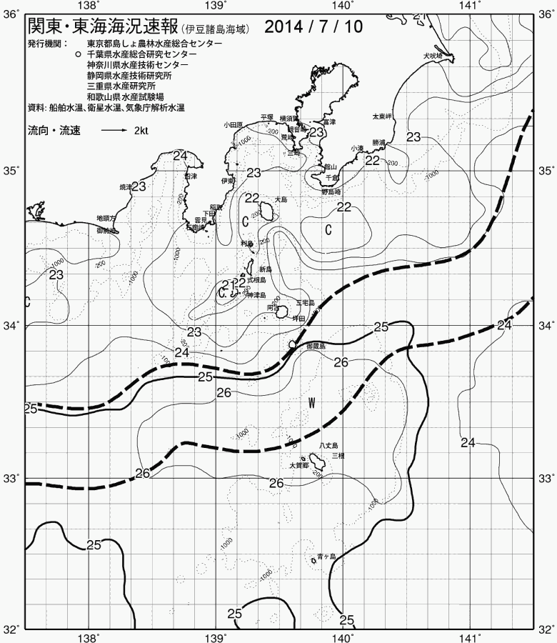 海況図, 関東・東海海況速報/伊豆諸島海域 検索結果, (黒潮, 水温分布, 冷水域, 暖水波及 等を図示)