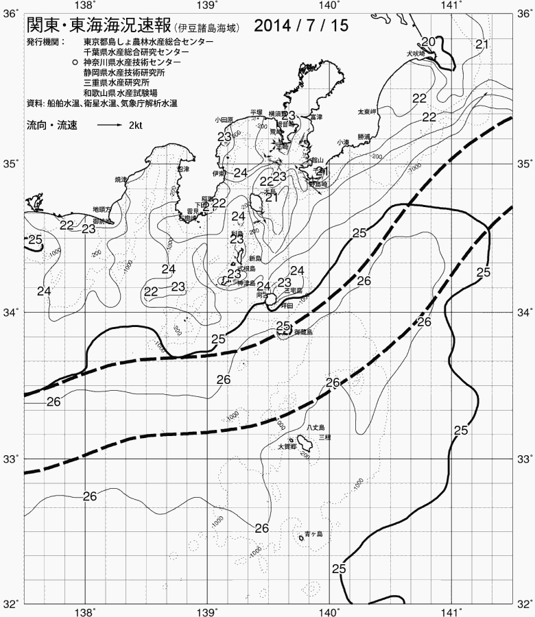 海況図, 関東・東海海況速報/伊豆諸島海域 検索結果, (黒潮, 水温分布, 冷水域, 暖水波及 等を図示)