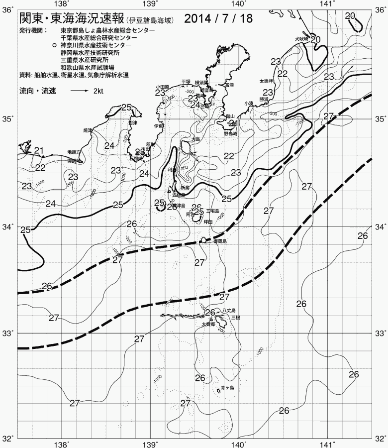 海況図, 関東・東海海況速報/伊豆諸島海域 検索結果, (黒潮, 水温分布, 冷水域, 暖水波及 等を図示)
