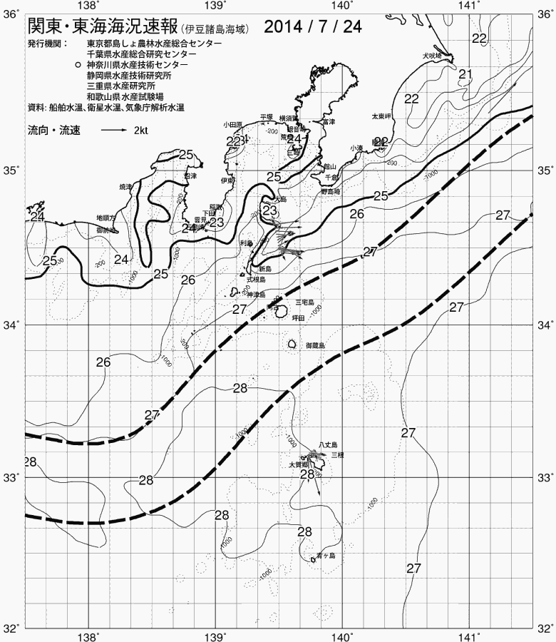 海況図, 関東・東海海況速報/伊豆諸島海域 検索結果, (黒潮, 水温分布, 冷水域, 暖水波及 等を図示)