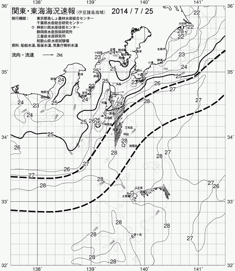海況図, 関東・東海海況速報/伊豆諸島海域 検索結果, (黒潮, 水温分布, 冷水域, 暖水波及 等を図示)
