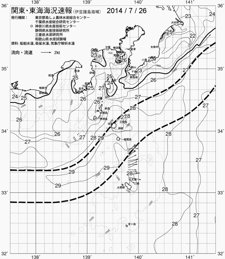 海況図, 関東・東海海況速報/伊豆諸島海域 検索結果, (黒潮, 水温分布, 冷水域, 暖水波及 等を図示)