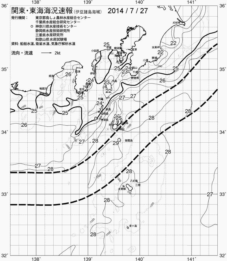 海況図, 関東・東海海況速報/伊豆諸島海域 検索結果, (黒潮, 水温分布, 冷水域, 暖水波及 等を図示)
