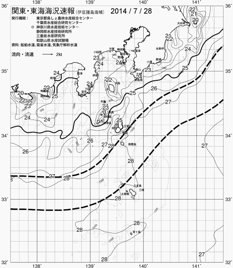 海況図, 関東・東海海況速報/伊豆諸島海域 検索結果, (黒潮, 水温分布, 冷水域, 暖水波及 等を図示)