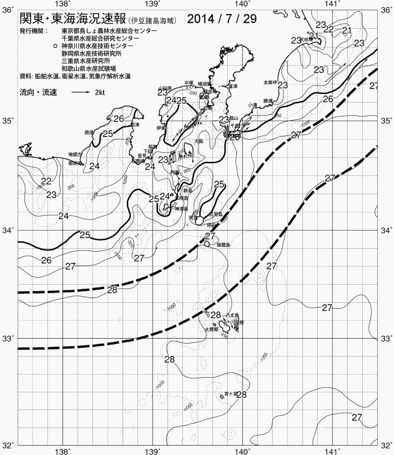 海況図, 関東・東海海況速報/伊豆諸島海域 検索結果, (黒潮, 水温分布, 冷水域, 暖水波及 等を図示)
