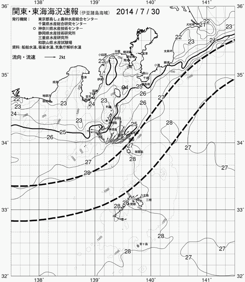 海況図, 関東・東海海況速報/伊豆諸島海域 検索結果, (黒潮, 水温分布, 冷水域, 暖水波及 等を図示)