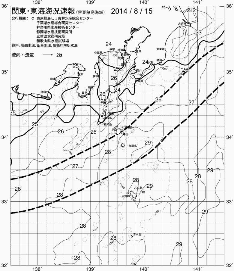海況図, 関東・東海海況速報/伊豆諸島海域 検索結果, (黒潮, 水温分布, 冷水域, 暖水波及 等を図示)
